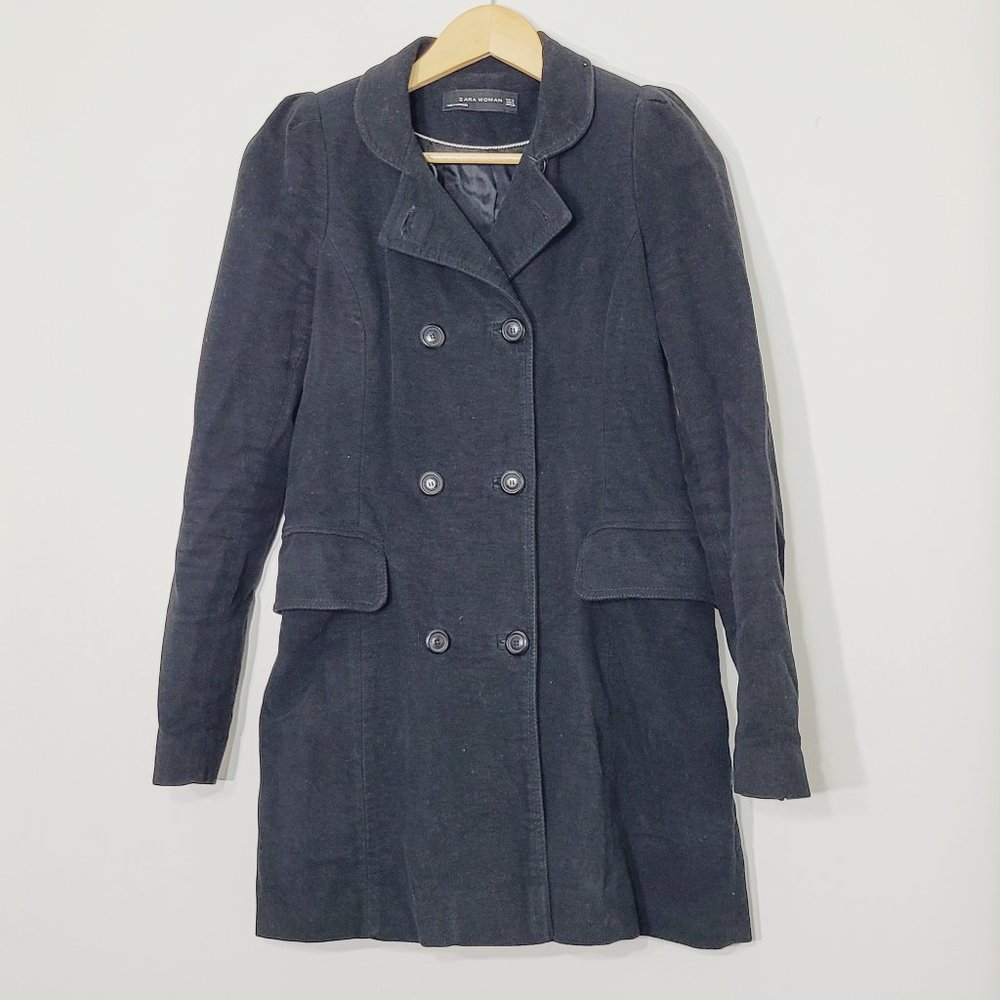 Zara Black 100% Cotton Puff Shoulder Double Breasted Pea Coat Jacket Sz Small
